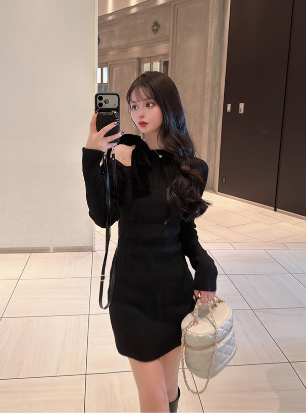 ワンショルダーベロアリボンリブニットミニワンピース