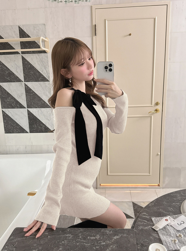 ワンショルダーベロアリボンリブニットミニワンピース