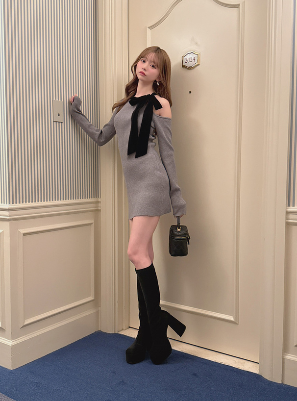 ワンショルダーベロアリボンリブニットミニワンピース