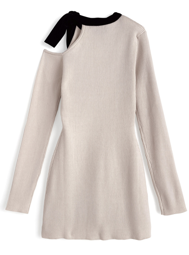 ワンショルダーベロアリボンリブニットミニワンピース