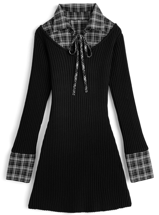 新品タグ付き✨Theory リブニットドッキングミニドレス　ブラック チェック柄ドッキングリブニットミニワンピース[ru1477] | レディース