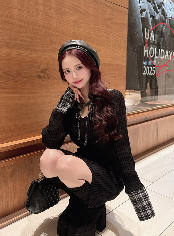 チェック柄ドッキングリブニットミニワンピース[ru1477] | レディース