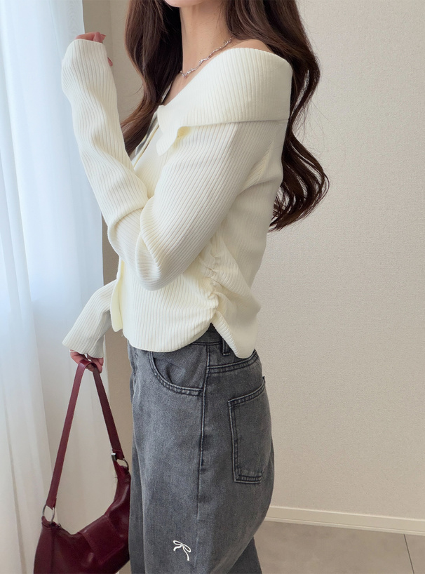 ビッグカラーオフショルダーニットトップス