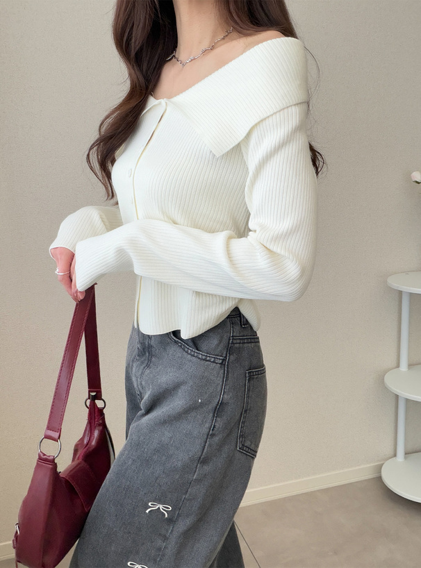 ビッグカラーオフショルダーニットトップス