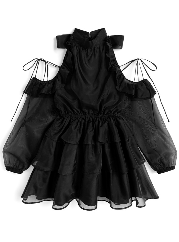 シアーショルダーオープンアメスリティアードミニワンピース