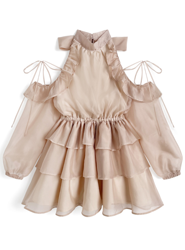 シアーショルダーオープンアメスリティアードミニワンピース