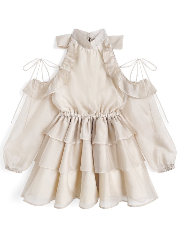 シアーショルダーオープンアメスリティアードミニワンピース