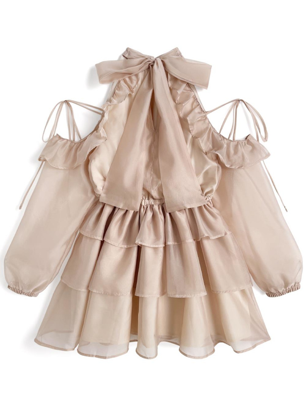 シアーショルダーオープンアメスリティアードミニワンピース