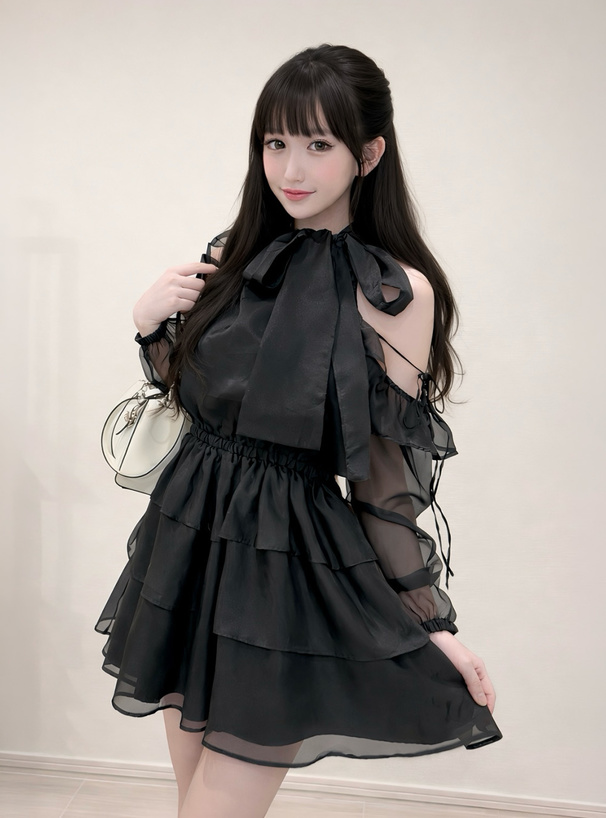 シアーショルダーオープンアメスリティアードミニワンピース