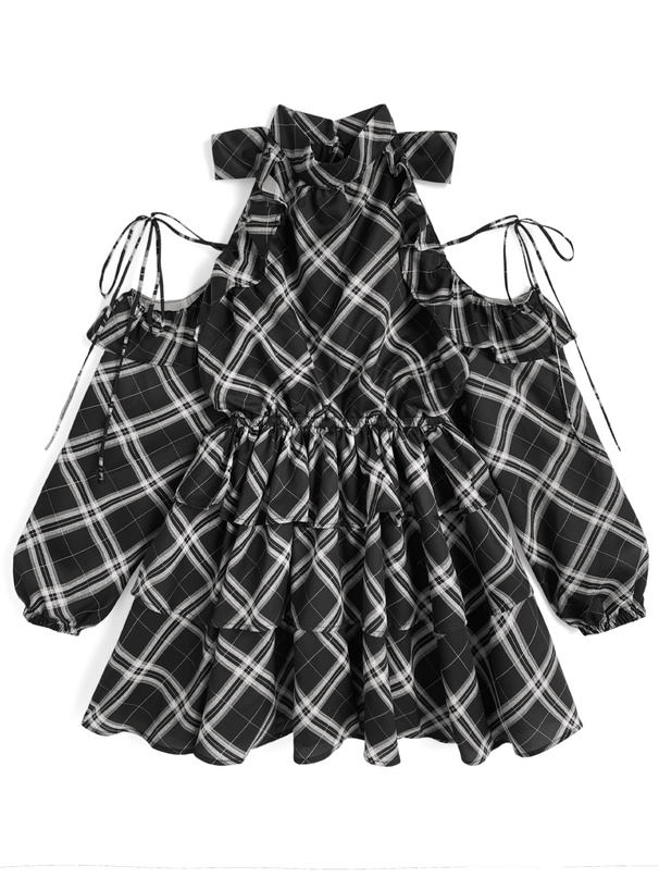 チェック柄ショルダーオープンアメスリティアードミニワンピース[ru1485]