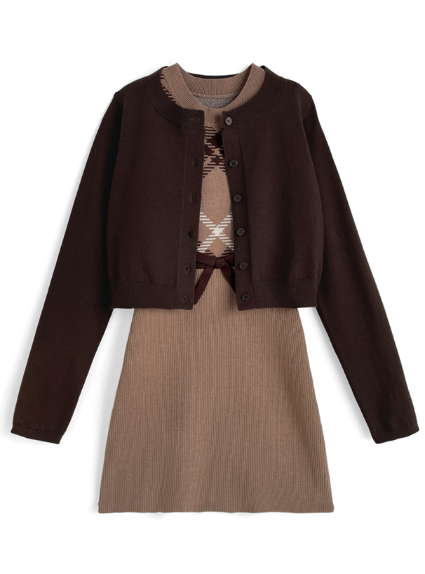 カーディガン×チェック柄ノースリーブミニワンピースニット