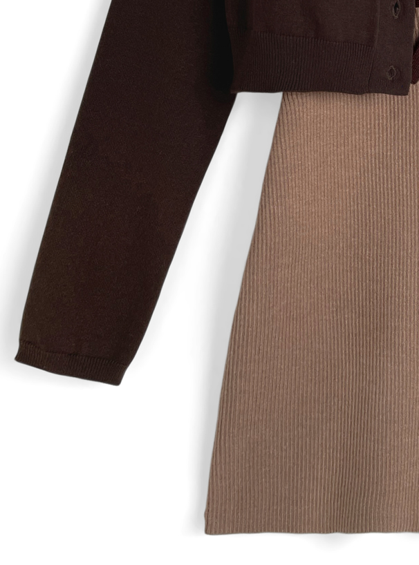 カーディガン×チェック柄ノースリーブミニワンピースニットセットアップ