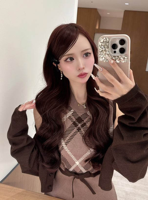 カーディガン×チェック柄ノースリーブミニワンピースニットセットアップ