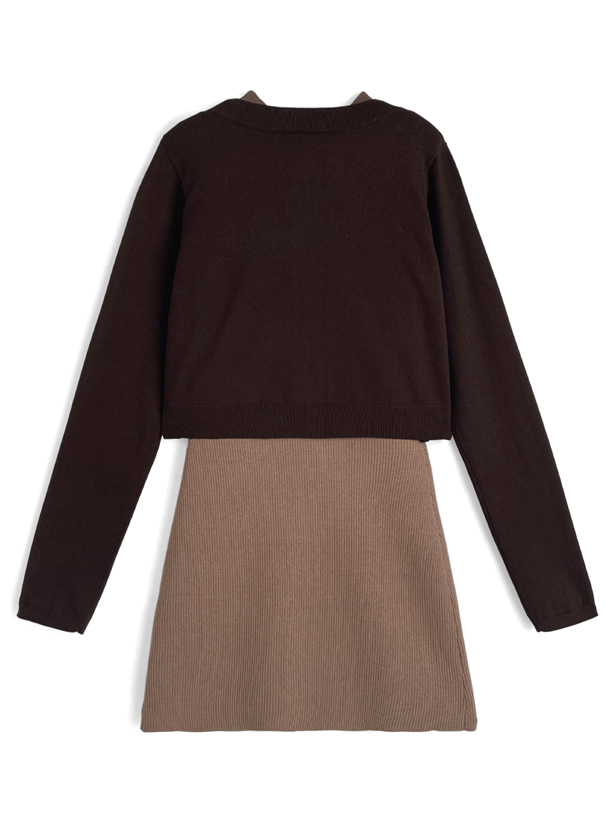 カーディガン×チェック柄ノースリーブミニワンピースニット