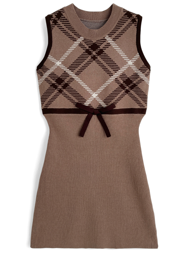 カーディガン×チェック柄ノースリーブミニワンピースニット