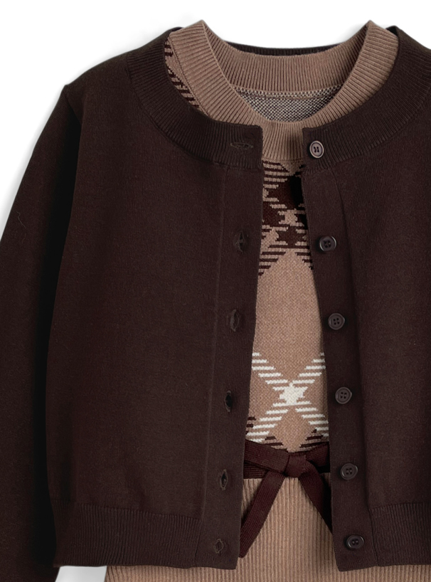 カーディガン×チェック柄ノースリーブミニワンピースニット