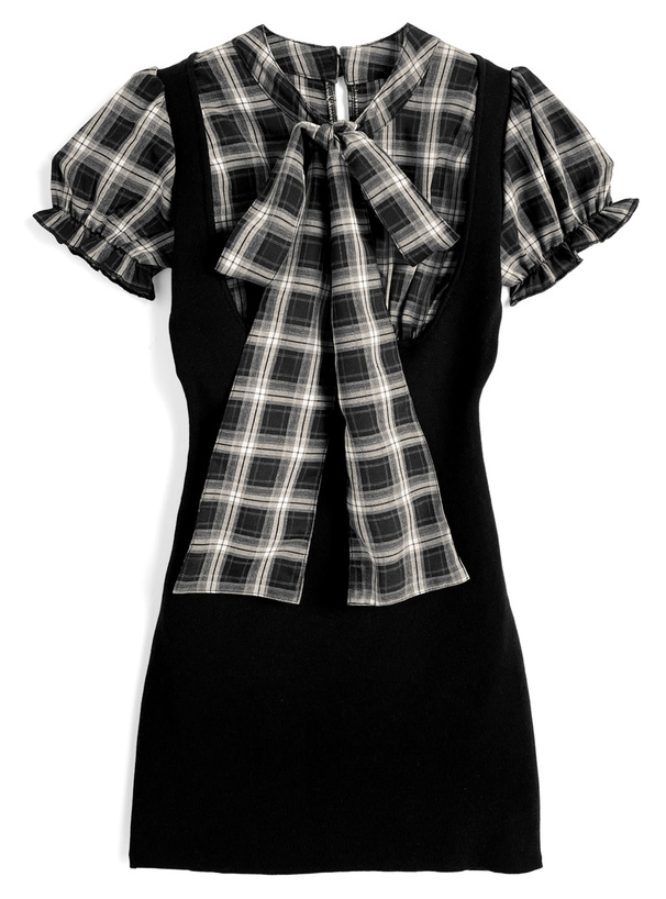 チェック柄ボウタイドッキングニットミニワンピース