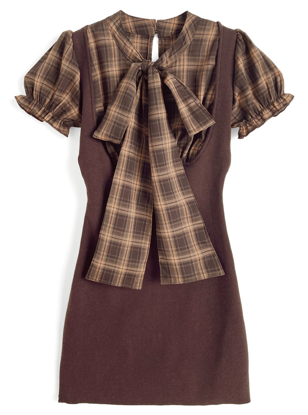 チェック柄ボウタイドッキングニットミニワンピース