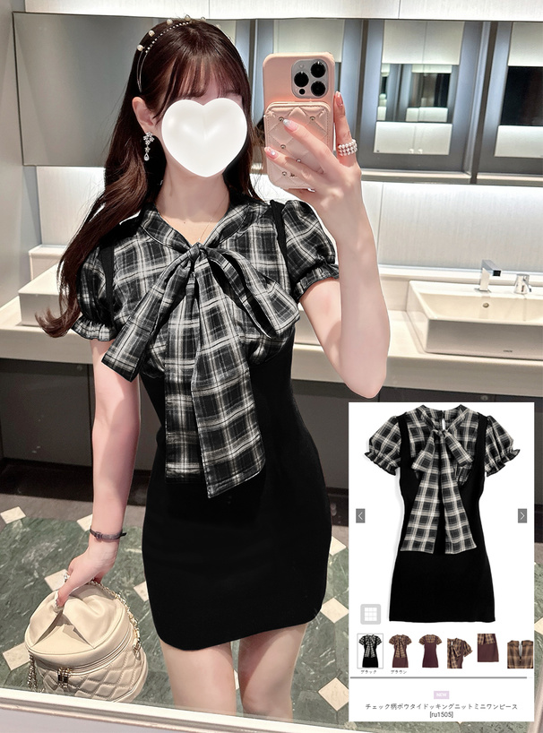 チェック柄ボウタイドッキングニットミニワンピース