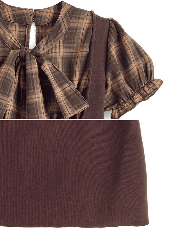 チェック柄ボウタイドッキングニットミニワンピース