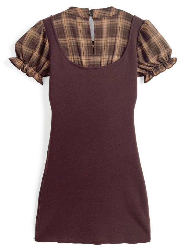 チェック柄ボウタイドッキングニットミニワンピース