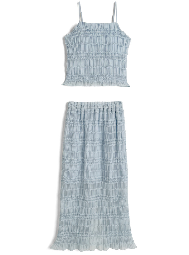 カップ付きフリルシャーリングキャミソール×ロングスカートセットアップ