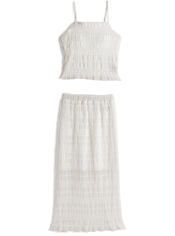 カップ付きフリルシャーリングキャミソール×ロングスカートセットアップ