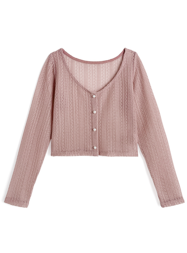 パールボタン透かし編みニットカーディガン