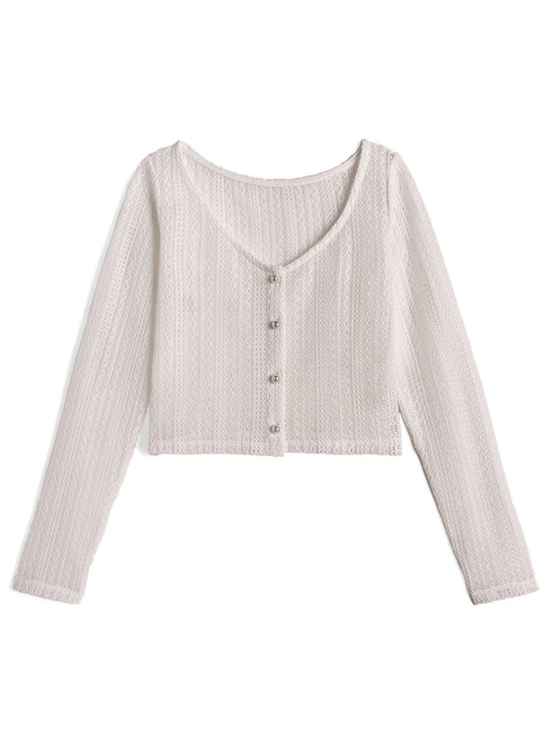 パールボタン透かし編みニットカーディガン