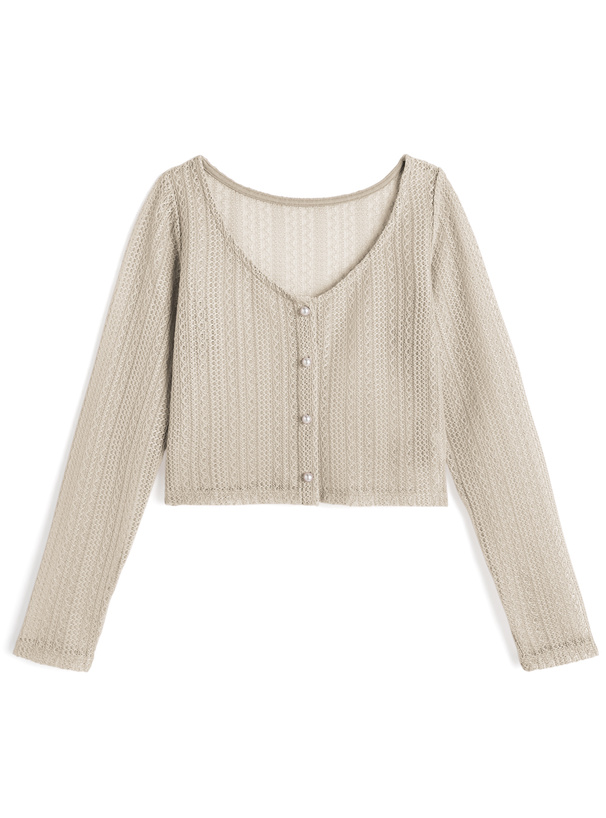 パールボタン透かし編みニットカーディガン
