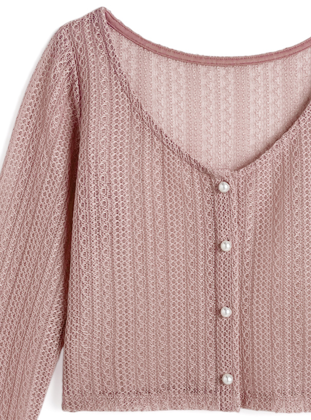 パールボタン透かし編みニットカーディガン
