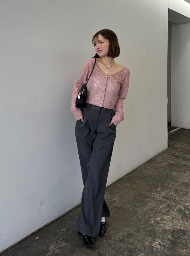 パールボタン透かし編みニットカーディガン