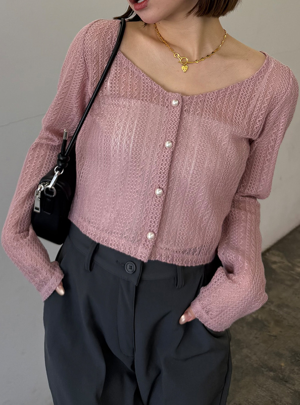 パールボタン透かし編みニットカーディガン