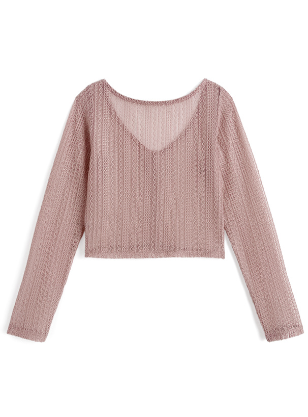 パールボタン透かし編みニットカーディガン