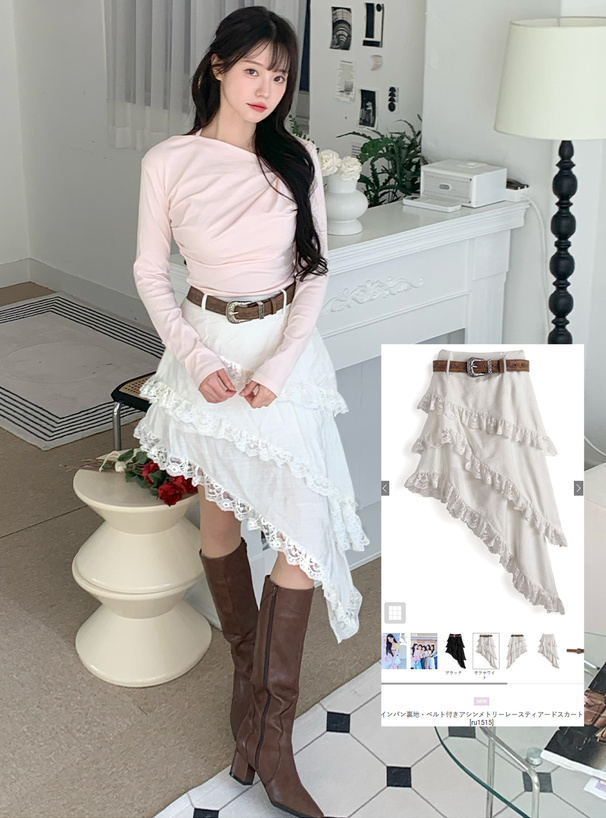 ILLIT アイリット BEB インパン裏地・ベルト付きアシンメトリーレースティアードスカート
