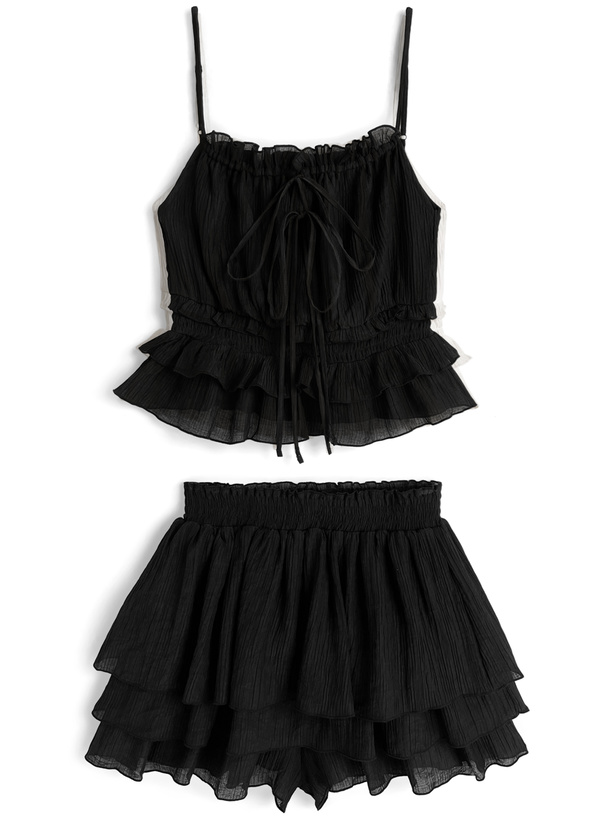 リボンティアードキャミソール×ティアードミニスカートパンツセットアップ[ru1516]