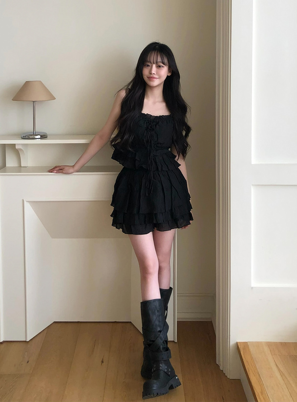 ILLIT アイリット BEBリボンティアードキャミソール×ティアードミニスカートパンツセットアップ