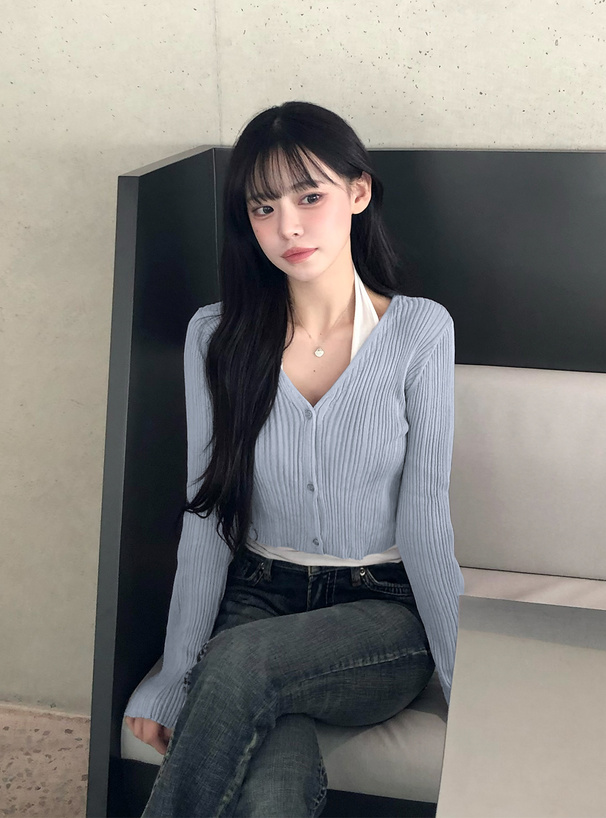 Vネックリブニットカーディガン