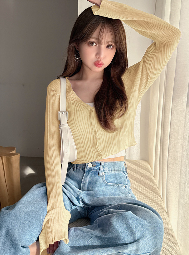 Vネックリブニットカーディガン