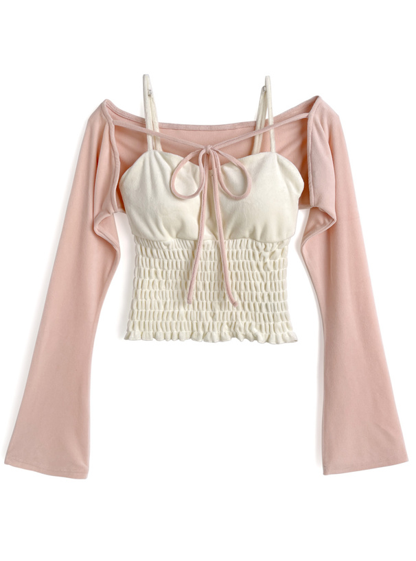 カップ付きシャーリングキャミソール×ショート丈ボレロベロアアンサンブル