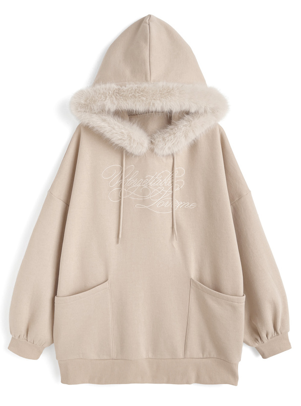 ファーフードロゴ刺繍スウェットトップス