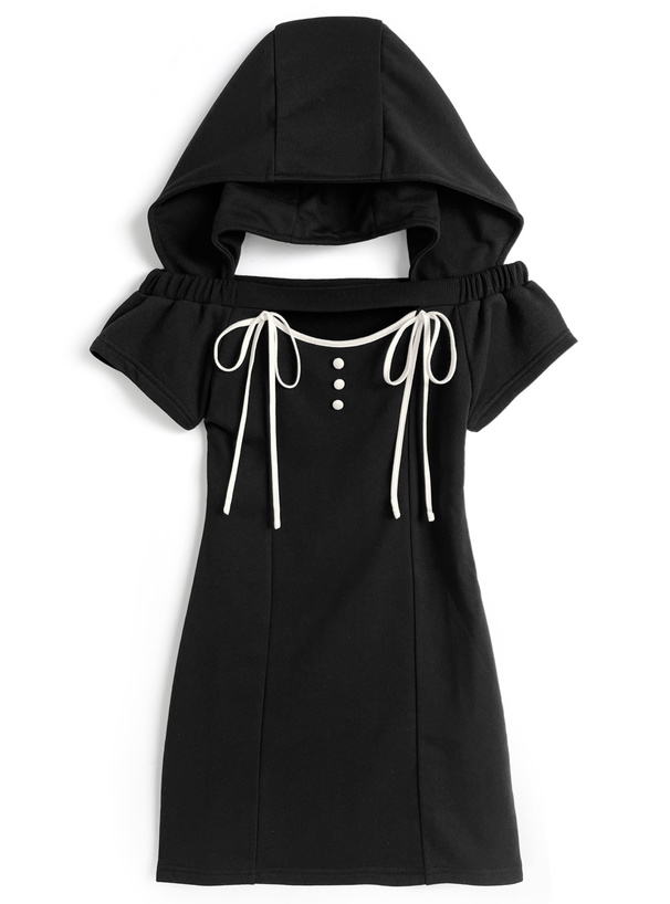 フード付きオフショルダーフロントオープンリボンスウェットミニワンピース[ru1534]