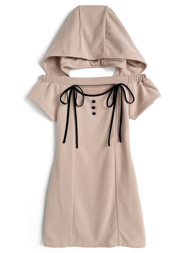 フード付きオフショルダーフロントオープンリボンスウェットミニワンピース