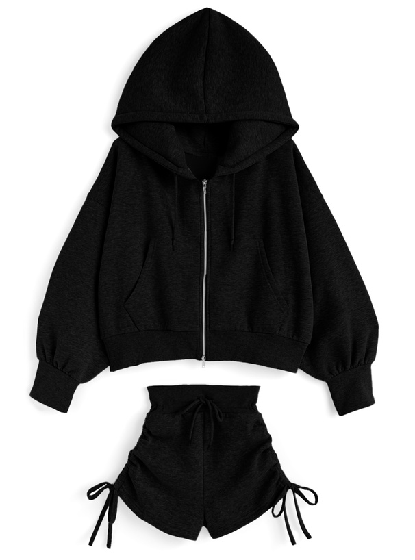 ダブルジップパーカー×ドロストショートパンツセットアップ[ru1543