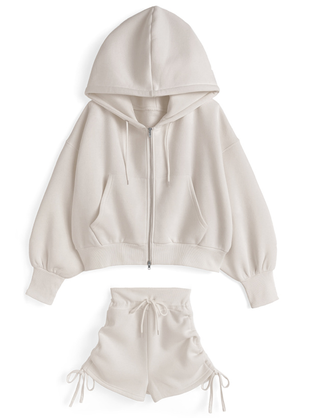 ダブルジップパーカー×ドロストショートパンツセットアップ