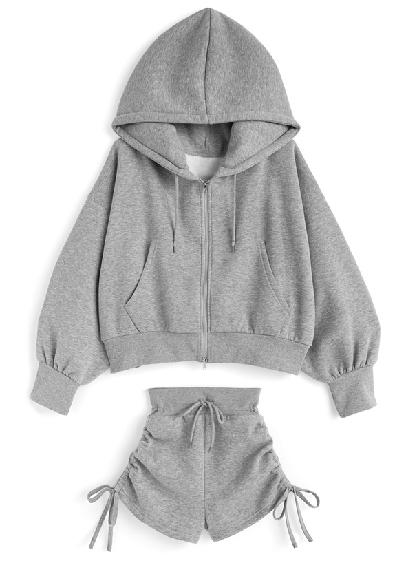 ダブルジップパーカー×ドロストショートパンツセットアップ[ru1543