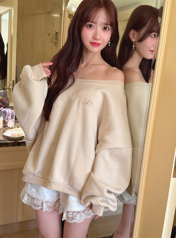 ロゴ刺繍ラインストーンオフショルダースウェットトップス