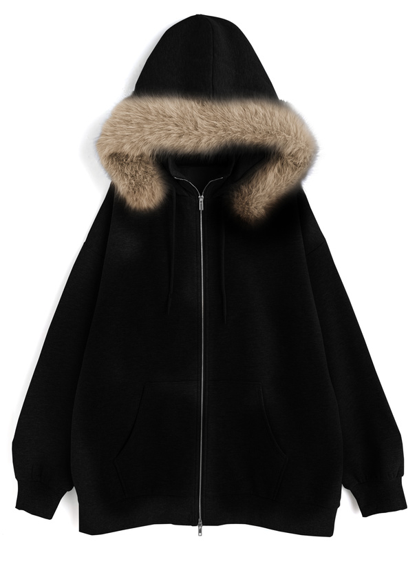 ファー付きフードダブルジップハイネックスウェットパーカー[ru1547]