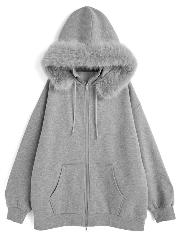 ファー付きフードダブルジップハイネックスウェットパーカー[ru1547