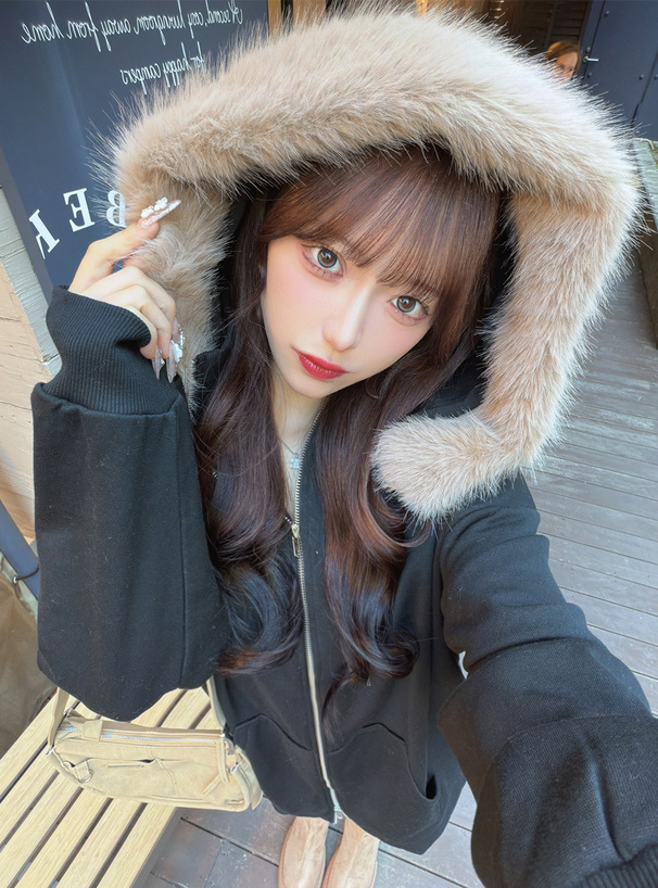 ファー付きフードダブルジップハイネックスウェットパーカー[ru1547